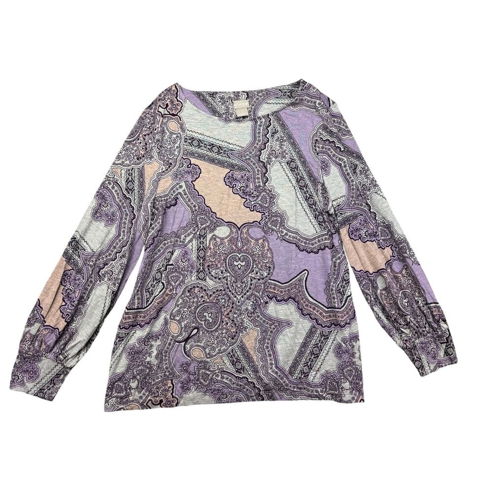 Chico's Blouse Women's 1 Medium Purple Gray Paisley Stretch Long Sleeve Boho Top